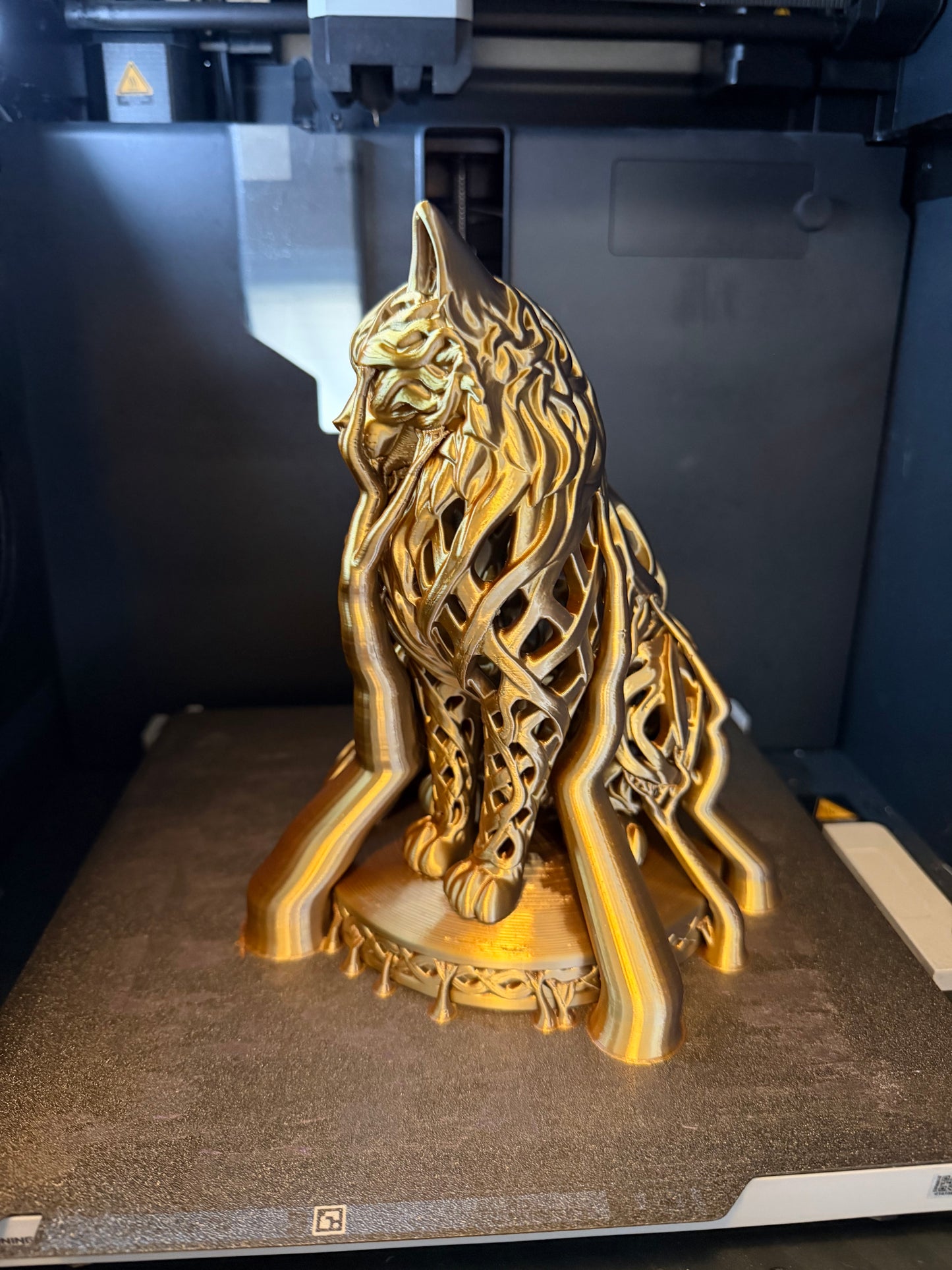 Tri-Color Silk Cat Statue – Silver, Copper & Gold Openwork Sculpture