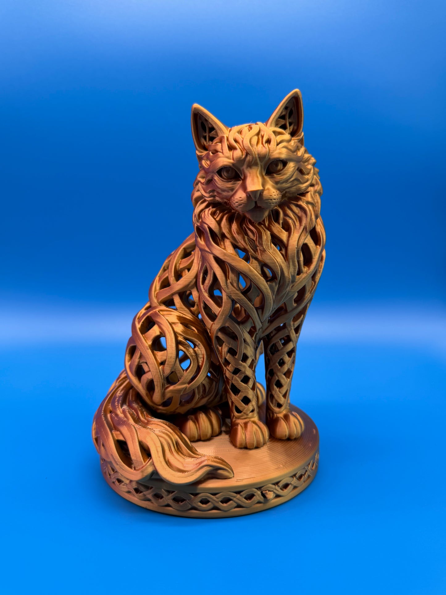 Tri-Color Silk Cat Statue – Silver, Copper & Gold Openwork Sculpture