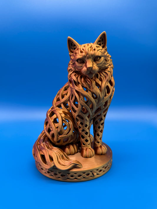 Tri-Color Silk Cat Statue – Silver, Copper & Gold Openwork Sculpture