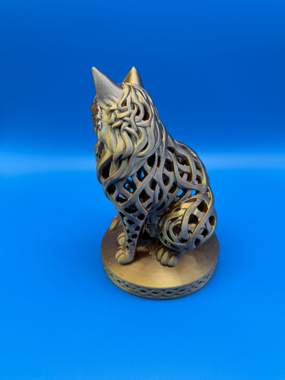Tri-Color Silk Cat Statue – Silver, Copper & Gold Openwork Sculpture