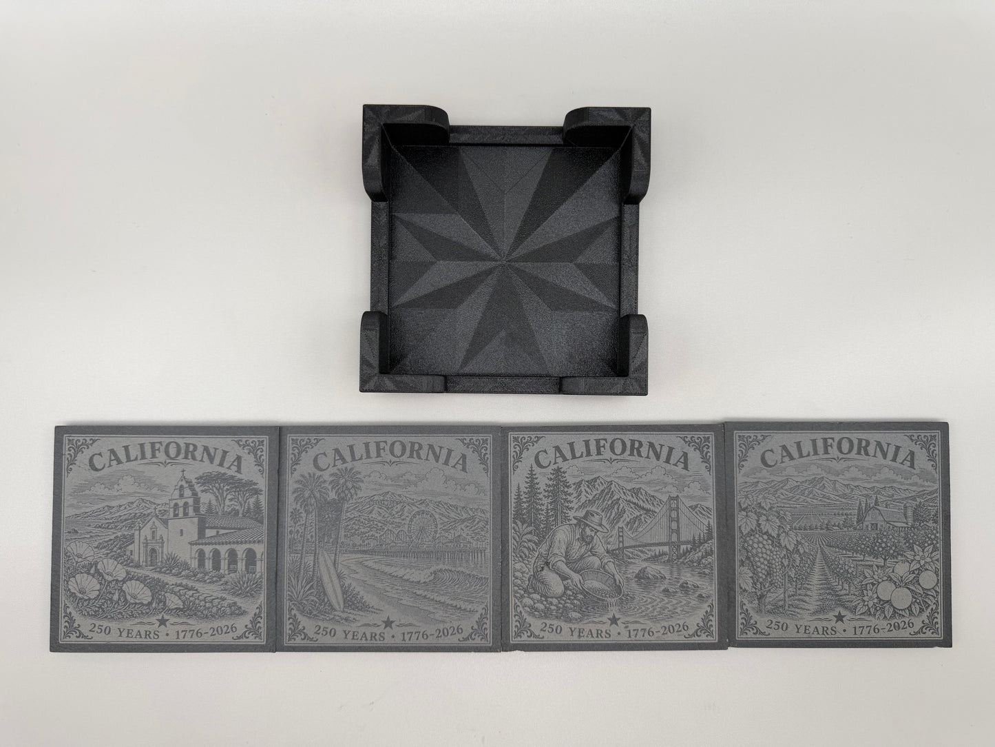 California 250th Anniversary Slate Coaster Set with PETG-GF Holder – 4 Piece