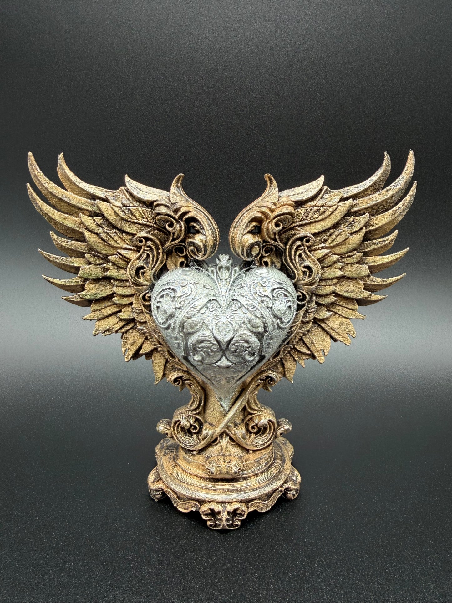 Baroque Winged Heart Sculpture – Antique Bronze & Silver Finish