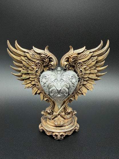 Baroque Winged Heart Sculpture – Antique Bronze & Silver Finish