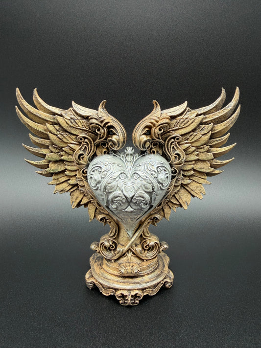 Baroque Winged Heart Sculpture – Antique Bronze & Silver Finish