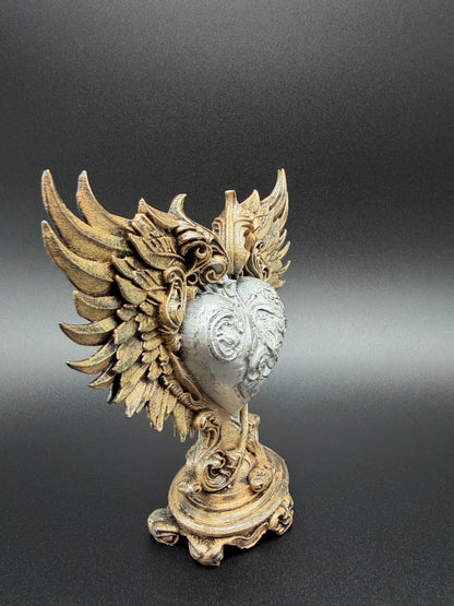 Baroque Winged Heart Sculpture – Antique Bronze & Silver Finish