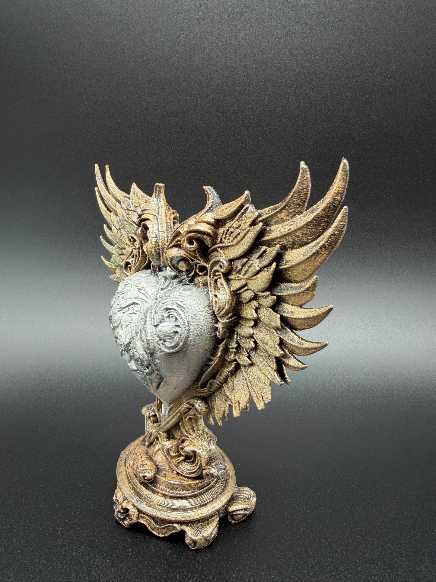 Baroque Winged Heart Sculpture – Antique Bronze & Silver Finish