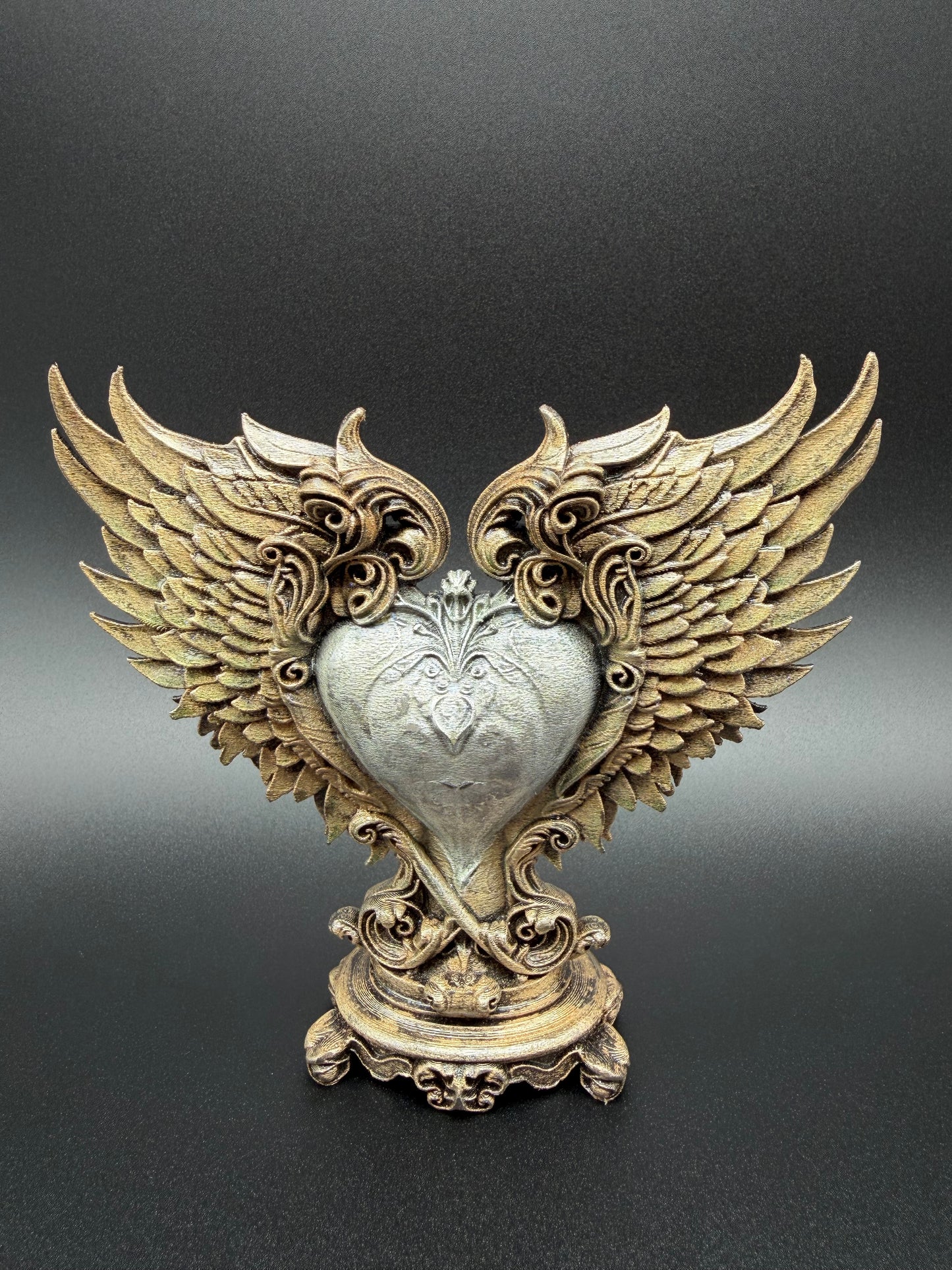 Baroque Winged Heart Sculpture – Antique Bronze & Silver Finish