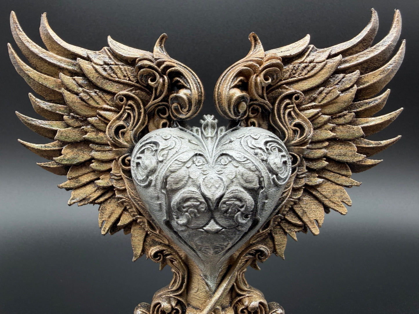 Baroque Winged Heart Sculpture – Antique Bronze & Silver Finish