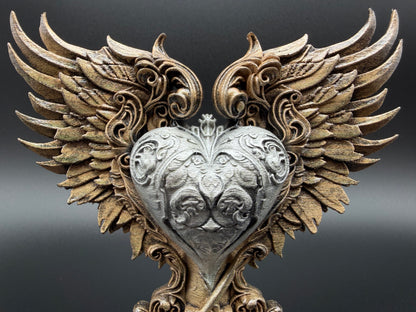 Baroque Winged Heart Sculpture – Antique Bronze & Silver Finish