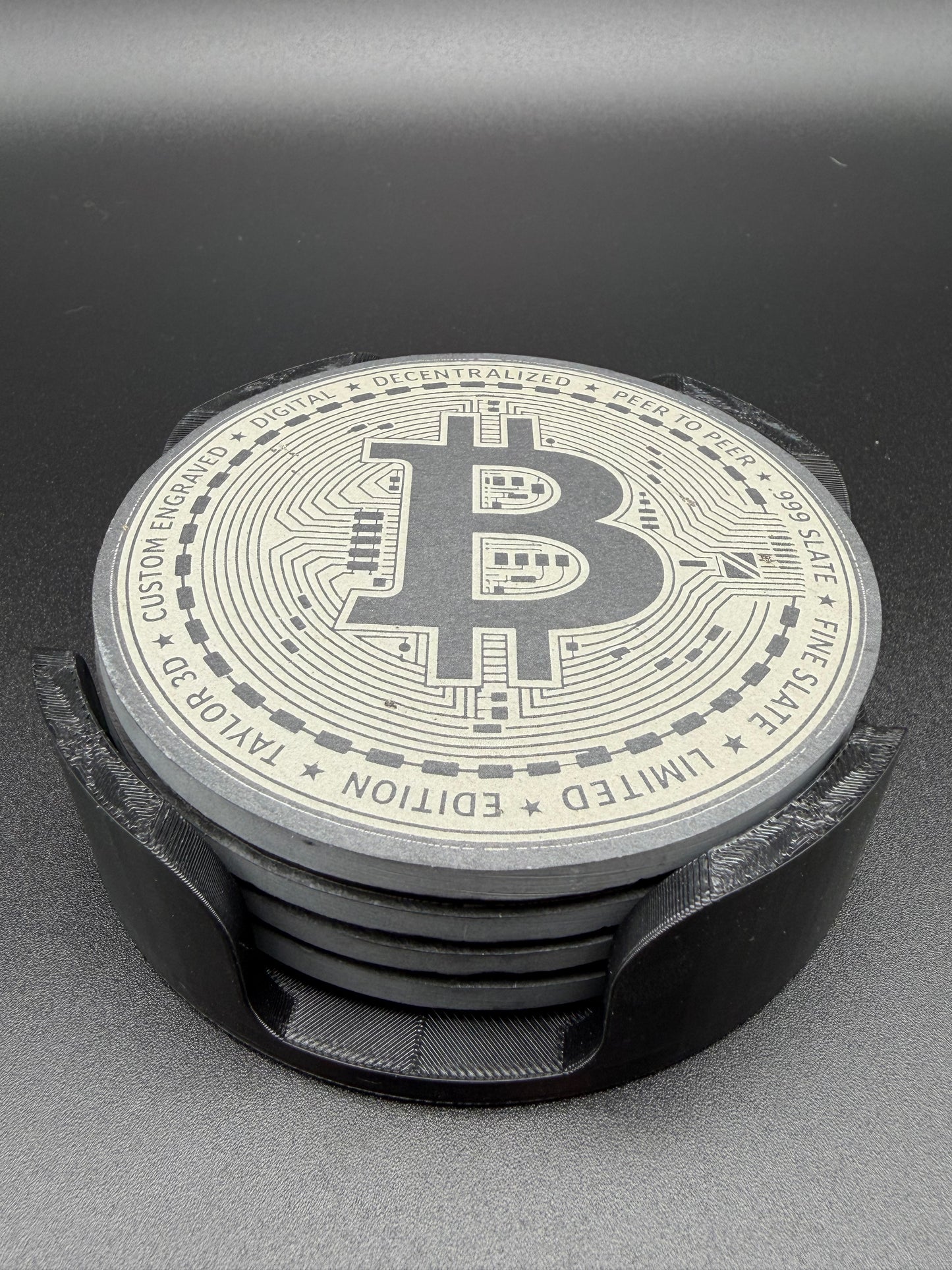 Bitcoin Slate Coaster Set with 3D-Printed Holder – Set of 4 Custom Cryptocurrency Coasters