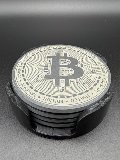 Bitcoin Slate Coaster Set with 3D-Printed Holder – Set of 4 Custom Cryptocurrency Coasters