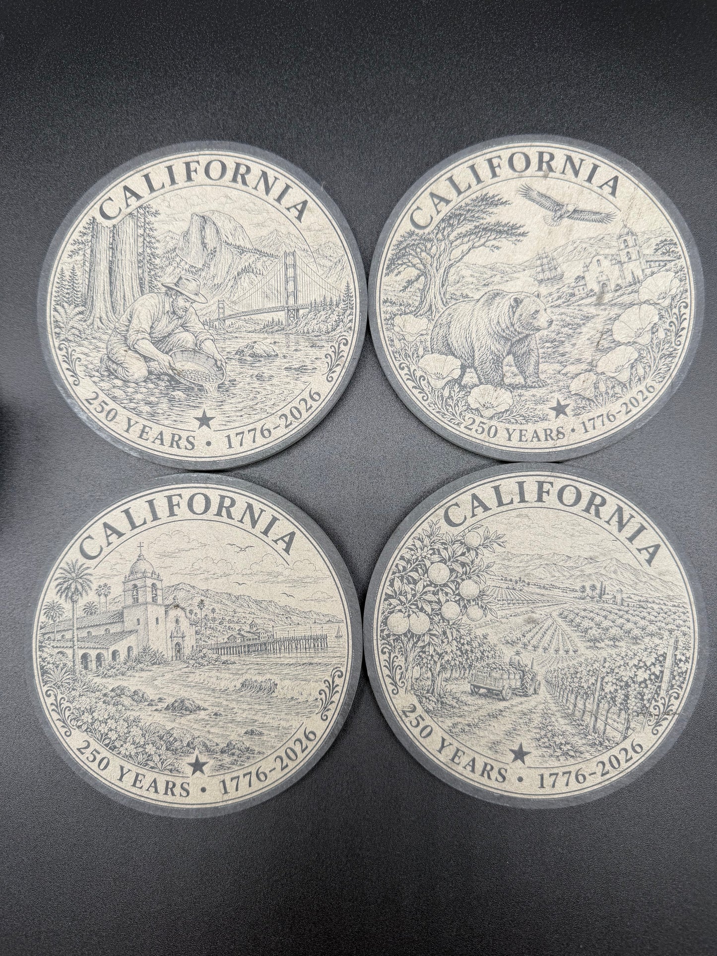 California 250 Years Engraved Slate Coaster Set with Holder (round)