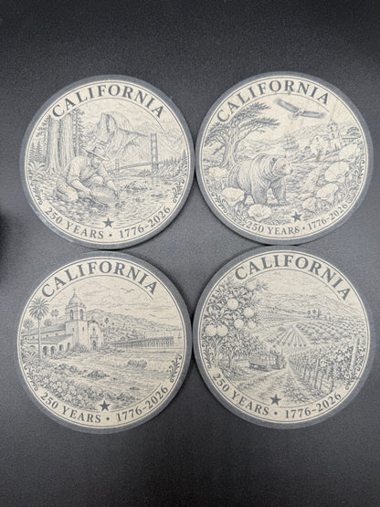 California 250 Years Engraved Slate Coaster Set with Holder (round)