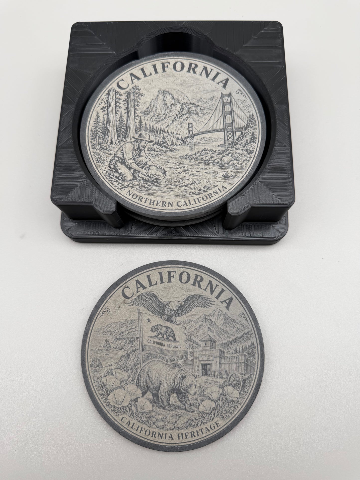 California Heritage Slate Coaster Set with 3D Printed Holder (Square)