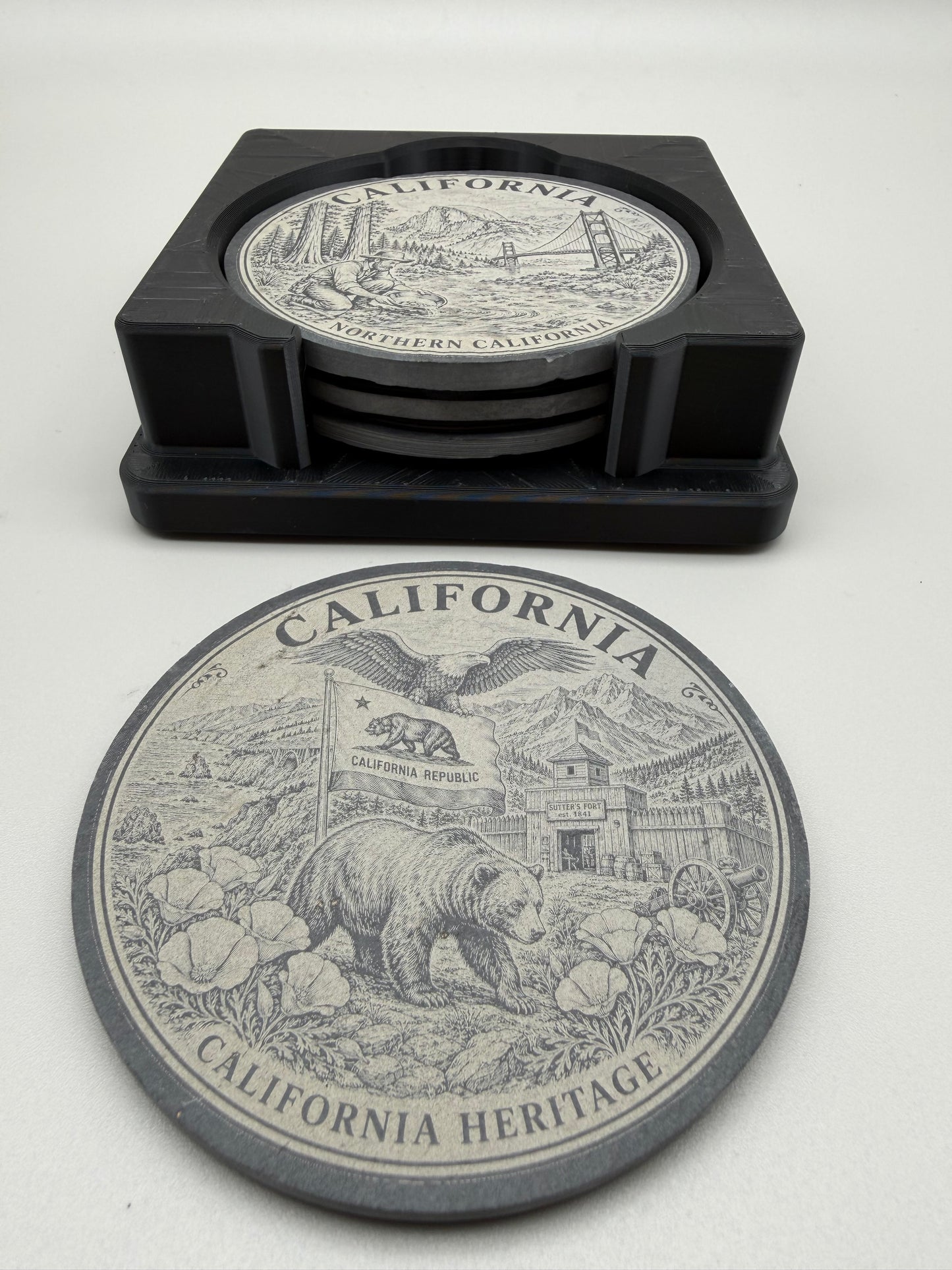 California Heritage Slate Coaster Set with 3D Printed Holder (Square)