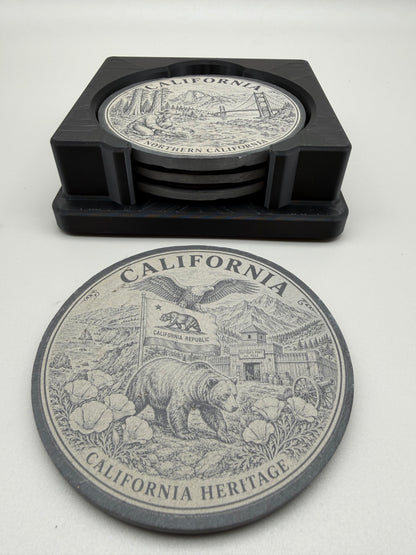 California Heritage Slate Coaster Set with 3D Printed Holder (Square)