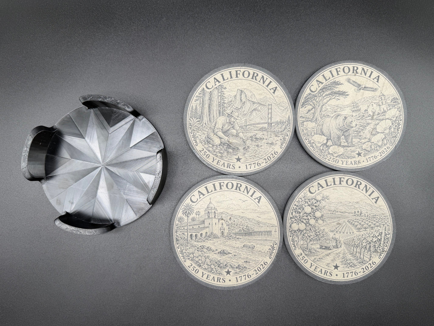California 250 Years Engraved Slate Coaster Set with Holder (round)