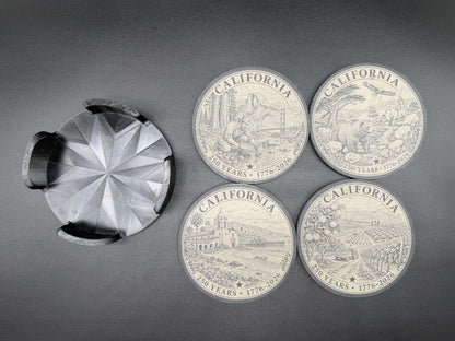 California 250 Years Engraved Slate Coaster Set with Holder (round)