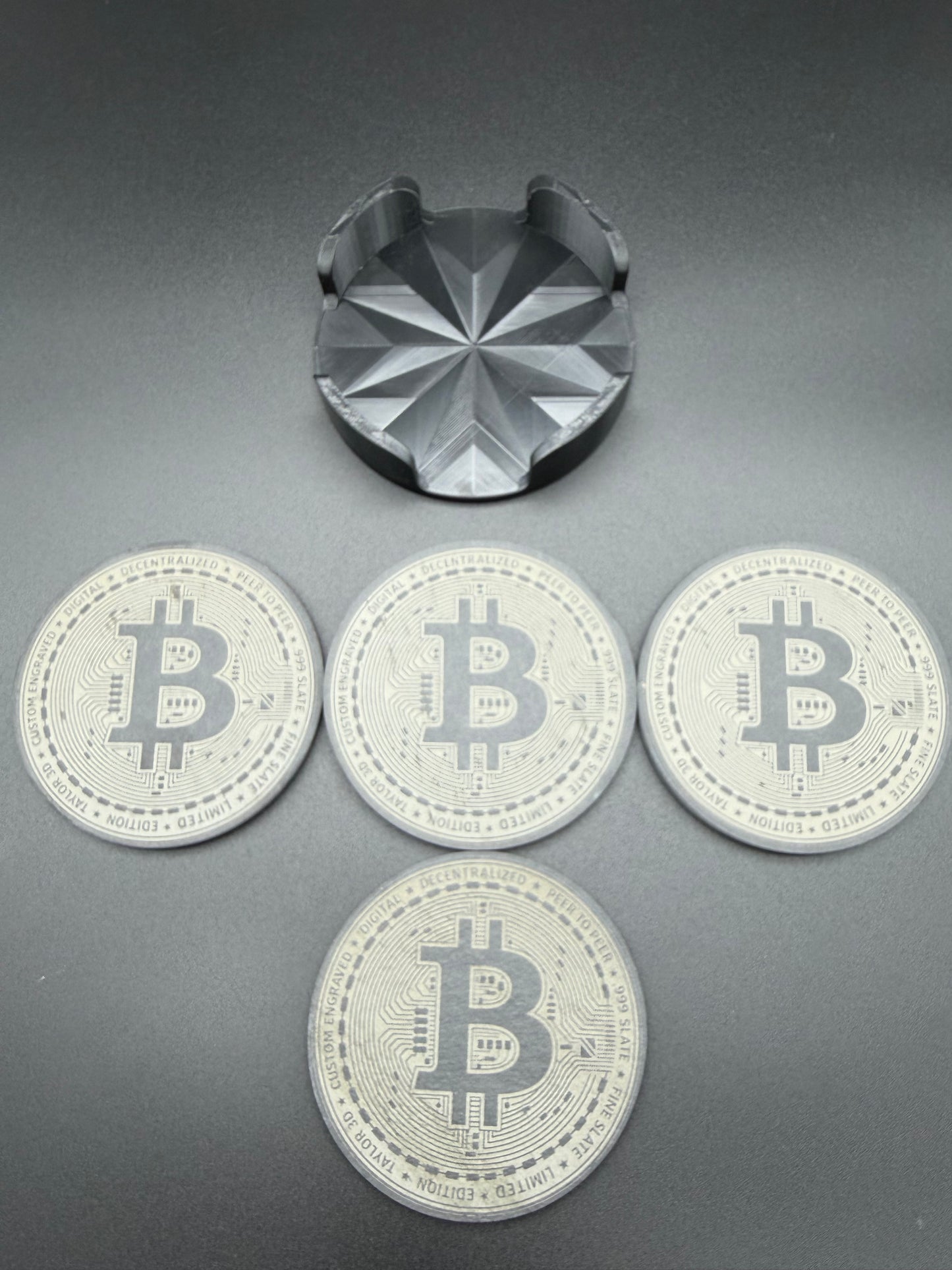 Bitcoin Slate Coaster Set with 3D-Printed Holder – Set of 4 Custom Cryptocurrency Coasters
