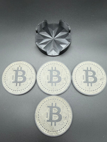 Bitcoin Slate Coaster Set with 3D-Printed Holder – Set of 4 Custom Cryptocurrency Coasters