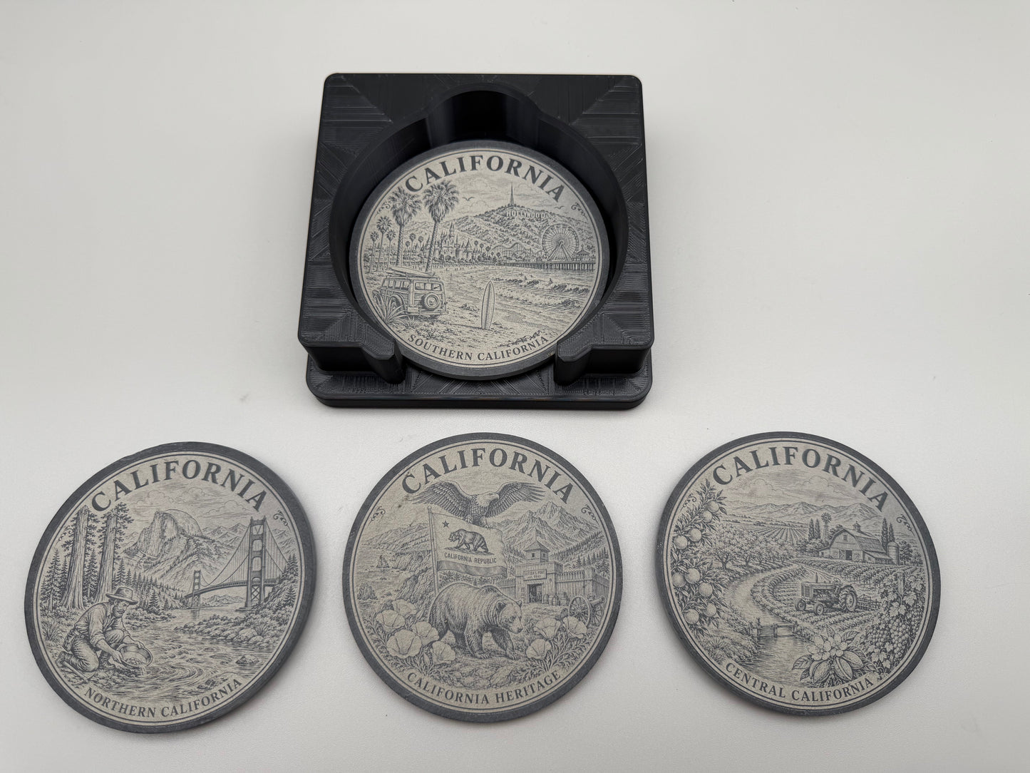 California Heritage Slate Coaster Set with 3D Printed Holder (Square)