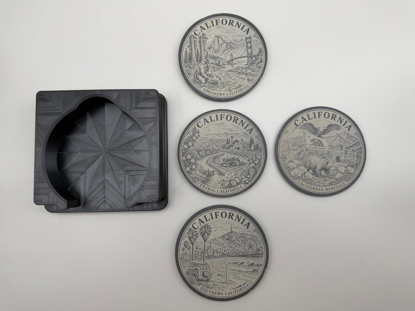 California Heritage Slate Coaster Set with 3D Printed Holder (Square)