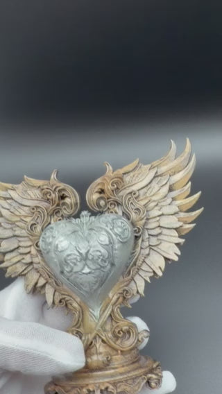 Baroque Winged Heart Sculpture – Antique Bronze & Silver Finish